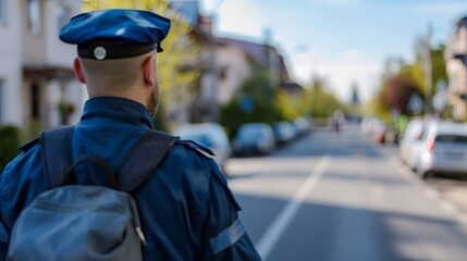 Postal worker in uniform delivering package to modern suburban house, efficient delivery service, logistics and courier concept, modern residential neighborhood.