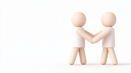 Two wooden figures holding hands, symbolizing connection, partnership, and cooperation against a minimalist white background.