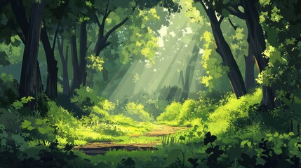 Obraz premium Sunbeams Breaking Through Dense Foliage in a Lush Forest