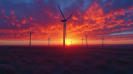 Obraz premium Wind turbines silhouetted against a vibrant sunset sky with colorful clouds.