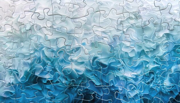 Serene Blue Puzzle, Abstract pastel blue puzzle pieces interlock gently creating a calming visual effect.