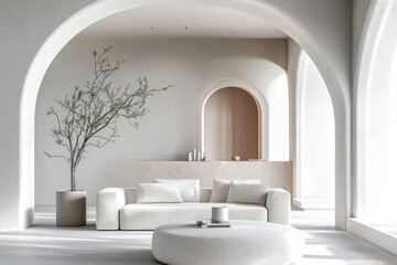 Boucle sofa and pouf in room with arch ceiling and stucco walls. Minimalist