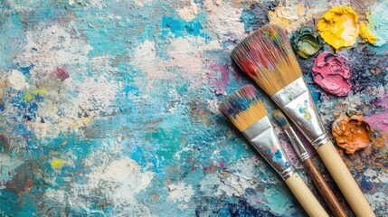 Obraz premium Colorful brushes and paint pigments are scattered across a textured surface, showcasing the essence of artistic creativity and expression