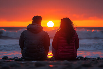 Romantic sunset beach scene with a couple sitting together, gazing at the vibrant sun over the ocean waves, perfect for love, travel, or relaxation themes