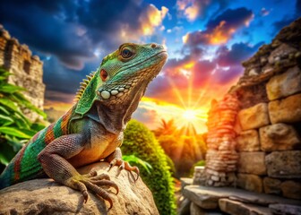 Fototapeta premium Curious Lizard on Ancient Ruins: Architectural Photography