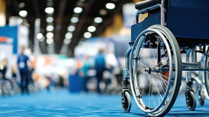 A Close-Up View of a Wheelchair in a Convention Center with Blurred Background of Busy Attendees and Booths, Symbolizing Accessibility and Inclusion in Events
