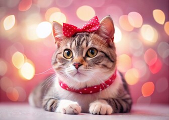 Cute Cat with Red Heart Headband on Pink Background - Bokeh Effect Stock Photo