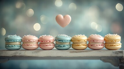 Fototapeta premium Heartshaped macarons in soft pastel shades placed in a box leaving the top clear for text copy space adorable theme whimsical manipulation bakery shelf backdrop