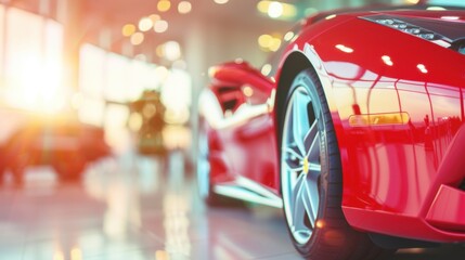 A striking red sports car is prominently displayed in a modern showroom, with natural light...