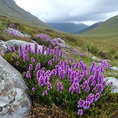 Fototapeta premium Vibrant Purple Alpine Flowers Blooming Amidst Rocks and Mountain Landscape.