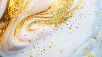 This stunning design features a blend of golden and white hues, creating an elegant abstract marble effect with shimmering details
