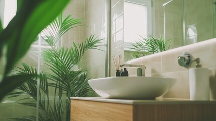 Fototapeta premium A bathroom with a white sink and a plant in front of it