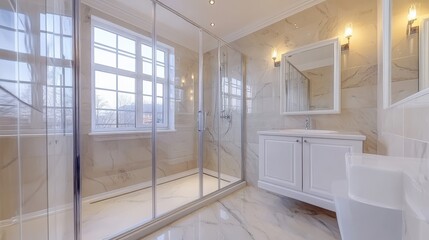A bathroom with a large glass shower door and a white sink