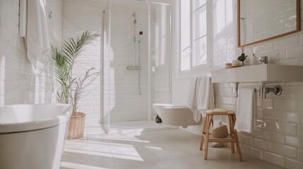A bathroom with a white toilet, a shower, and a plant