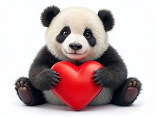 Cute Panda Bear Holding Red Heart, Valentine's Day, Romantic Animal, Black and White Panda, Love