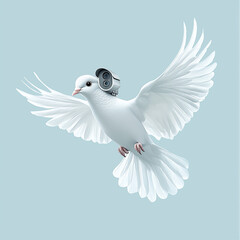Fototapeta premium A white dove flying in the sky with a security camera on its head, set against a simple background, 3D rendering.Minimal creative nature and environment concept.Copy space,flat lay