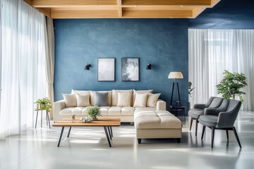 Loft interior design  modern living room with blue stucco wall