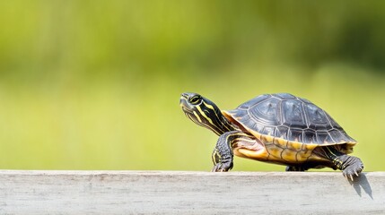 Obraz premium A turtle resting on a wooden surface with a blurred background.