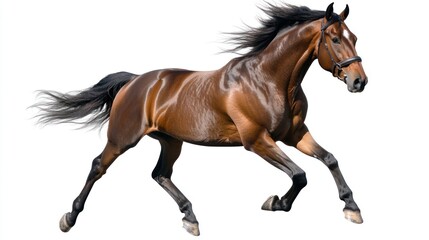 Obraz premium A galloping brown horse with a flowing mane on a white background.