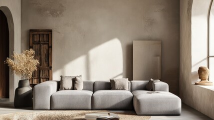 Fototapeta premium A large sectional sofa with pillows