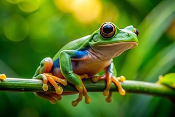 Fototapeta premium Dainty Tree Frog Perched on Branch, Vibrant Green, Rule of Thirds Composition