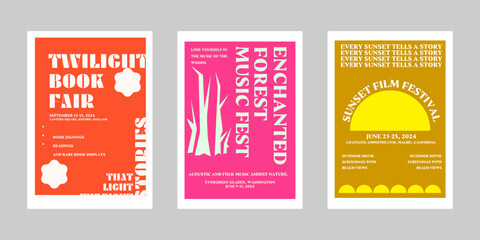 Event poster set with minimalist maximalist style, Promo  and sale flyer design for social media. Colorful poster collection for print. Trendy poster design for print and promotion