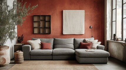 A living room with a grey couch and a white wall