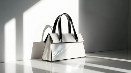 Elegant White Handbag with Black Straps Showcasing Modern Design, Perfectly Lit with Shadows and Reflections for Fashion and Lifestyle Photography