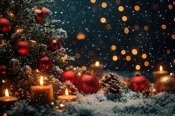 A festive scene featuring a Christmas tree, ornaments, candles, and snowflakes, evoking holiday warmth.