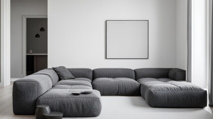 A large sectional sofa with a white wall and a black framed picture