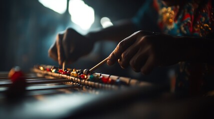 Close-up of Hands Meticulously Crafting Vibrant Beads on Wooden Frame