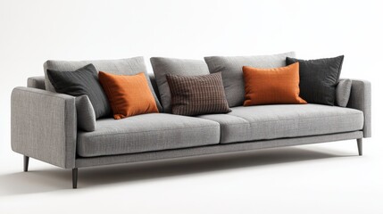A gray and black couch with orange pillows on it