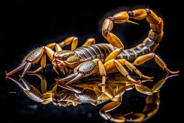 Fototapeta premium Deathstalker Scorpion Macro Photography: Close-up on Black Reflective Surface
