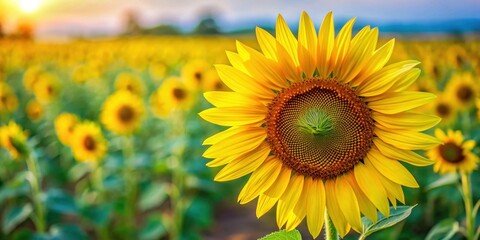 Fototapeta premium A single sunflower in full bloom stands tall in a field of sunflowers bathed in the golden light of the setting sun.