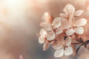 Beautiful spring flowers blooming in soft sunlight creating a pastel colored background with copy space