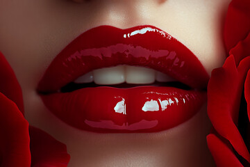 Obraz premium Sensual close-up of glossy red lips touching a vibrant red rose against a dark background, exuding passion, elegance, and romance, perfect for beauty or love-themed designs
