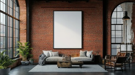 Cozy Industrial Living Room with Blank Canvas, Exposed Brick Wall, Wooden Furniture, Green Plants, and Large Windows Bathed in Natural Light