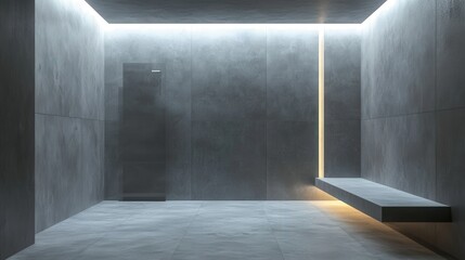 Obraz premium A large, empty room with a bench and a door