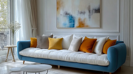 modern living room blue sofa with vibrant colorful pillows Scandinavian interior design