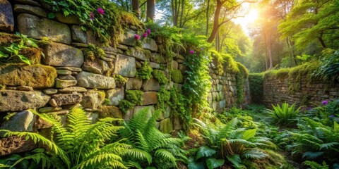 A Stone Wall Glowing with Sunlight, Lush Green Ferns and Vines, and Blooms of Purple Flowers