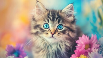 Obraz premium A playful cat with striking blue eyes explores a colorful underwater garden filled with flowers, creating a whimsical and enchanting atmosphere