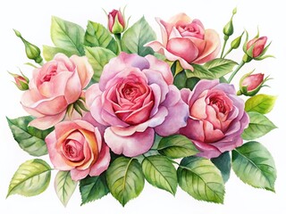 Delicate Watercolor Pink Roses & Green Leaves on White - Stock Photo