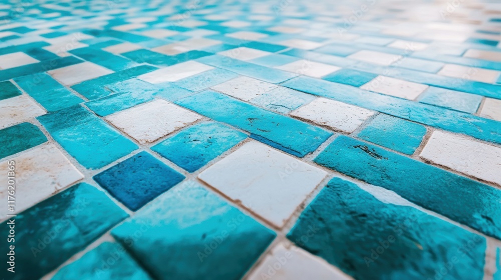 Poster geometric shapes in various shades of blue form an intricate pattern on a tiled surface, creating a 