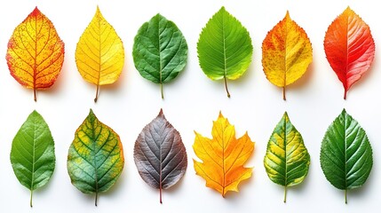 Obraz premium A collection of various leaves showcasing different colors and shapes, highlighting seasonal changes in nature.