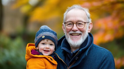 Elderly man with a white beard laughs heartily while holding a smiling young child against a backdrop of colorful autumn leaves