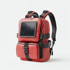Naklejka premium A stylish red backpack featuring a solar panel, designed for modern, eco-friendly travel and outdoor adventures.