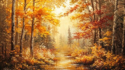 Fototapeta premium Serene Autumn Landscape with Golden Foliage and Tranquil Stream Flowing Through Woodland Forest in Vibrant Fall Colors