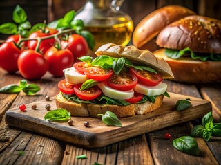 Delicious Caprese Sandwich on Rustic Wooden Board - Fresh Italian Food Photography