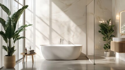 Fototapeta premium A bathroom with a large white bathtub and a potted plant