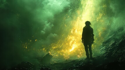 Obraz premium Silhouette of a person standing before a glowing, ethereal waterfall in a dark cave.